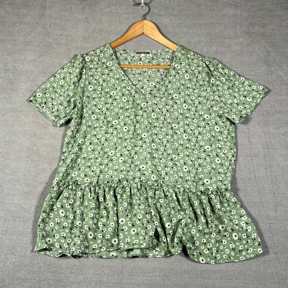 Pleione Peplum Hem Floral Print V-Neck Blouse Top Womens Size M Green Polyester